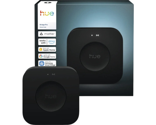 Hue Bridge Pro Smart Hub se symbolem Matter a kompatibilitou s Alexa, Apple Home, Google Home a Samsung SmartThings