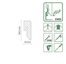 Zobrazení produktu s rozměry 38,5 mm x 15 mm a symboly pro typy montáže.