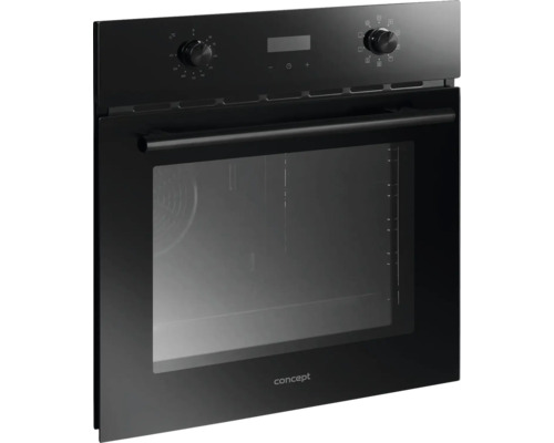 Černá vestavná trouba se skleněnými dvířky a otočnými knoflíky