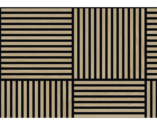Akustický panel s dřevěnými lamelami v geometrickém vzoru