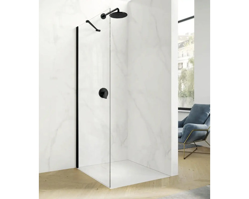 Walk In Hüppe Astra 80 cm barva rámu černá dekor skla čiré sklo HUPPE PX0202.123.322 Sprchový kout se skleněnou zástěnou s černým rámem a bateriemi před mramorovou stěnou