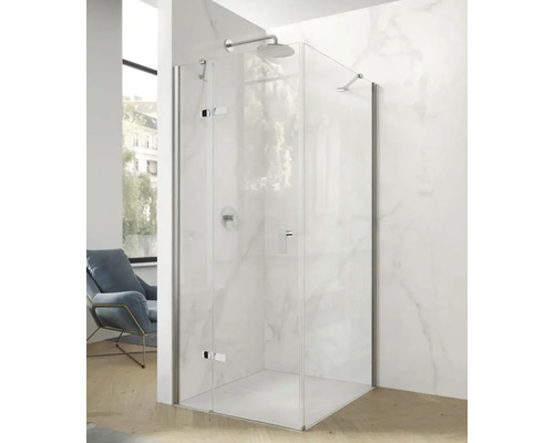 Křídlové dveře levé pro sprchový kout s rohovým vstupem Hüppe Astra 90 cm barva rámu stříbrná dekor skla čiré sklo HUPPE PX0003.069.322 Rohová sprcha s čirými skleněnými stěnami a chromovaným kováním v moderní koupelně