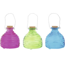 Tři dekorativní skleněné lucerny s korkovou zátkou a kovovým držadlem