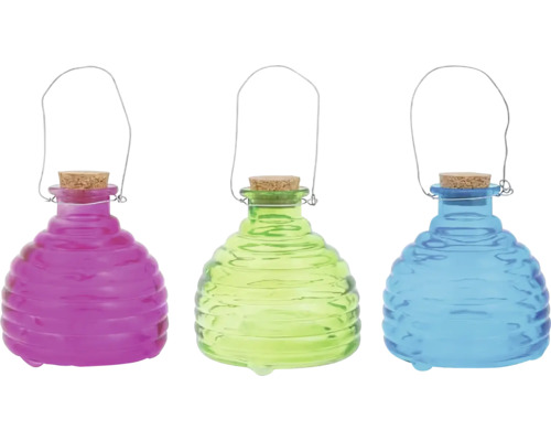 Lapač na bodavý hmyz Esschert Design skleněný Ø 15 x 20 cm 1 ks, různé barvy Tři dekorativní skleněné lucerny s korkovou zátkou a kovovým držadlem