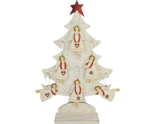 VDP Závěs ANDĚLKA MDF bílá 36x57x12 cm DISPLEJ 48ks Dekorativní dřevěný vánoční stromek s přívěsky andělů jako slavnostní dekorace