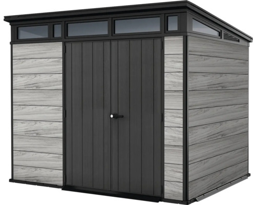 Zahradní kůlna s dvoukřídlými dveřmi a řadou oken