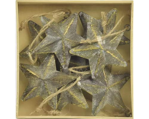 Závěsná dekorace HVĚZDA, kov, šedivá/zlatá Sada hvězdicových přívěsků s jutovým provázkem v krabici