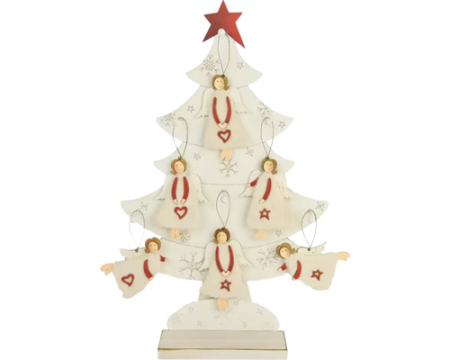 Dekorativní dřevěný vánoční stromek s andělskými přívěsky jako vánoční ozdoba