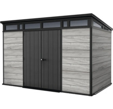 Zahradní domek s dvoukřídlými dveřmi a okny