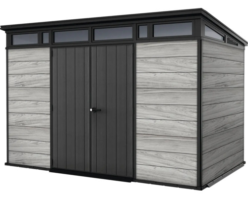 Zahradní domek s dvoukřídlými dveřmi a okny