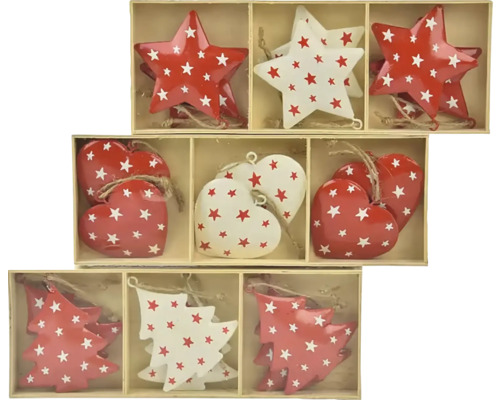 Červená vánoční ozdoba různé druhy SRDCE/STROM/HVĚZDA, kov Dekorativní přívěsky ve tvaru hvězdy, srdce a stromu s hvězdným vzorem v dřevěné krabičce