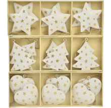 Dřevěná krabička s hvězdami, vánočními stromky a srdíčky k zavěšení