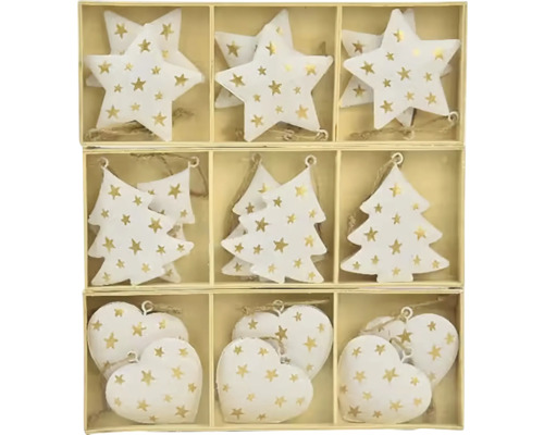 Závěsná dekorace SRDCE/STROM/HVĚZDA, kov, bílá Dřevěná krabička s hvězdami, vánočními stromky a srdíčky k zavěšení