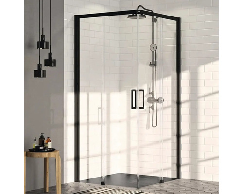 Posuvné rohové dveře levé pro sprchový kout s rohovým vstupem Hüppe Classics 2 EasyEntry 120 cm barva rámu černá dekor skla čiré sklo HUPPE C25105.123.322 Rohová sprcha s čirým sklem a černým rámem ve světlé koupelně