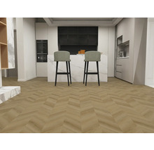 Moderní kuchyně se dvěma barovými stoličkami a parketami ve vzoru rybí kosti