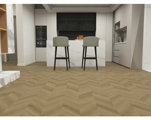 Moderní kuchyně se dvěma barovými stoličkami a parketami ve vzoru rybí kosti