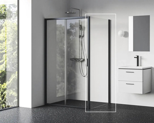 Boční stěna pro sprchové dveře RAVAK Blix II 100 cm barva rámu černá dekor skla čiré sklo 9BMA0300Z1 Sprchový kout s černým rámem a skleněnými stěnami v koupelně