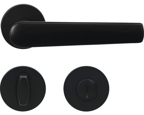 Hliníkové kování RK.K16.BOLOGNA.WC.CE na kulatých rozetách s vratnou pružinou klik Černá sada kliky ke dveřím se zámkem