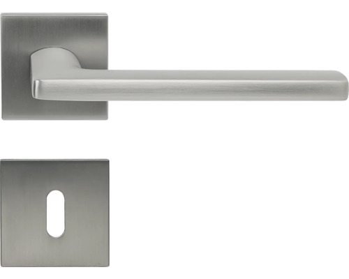 Hliníkové kování RK.C36.RIMINI.BB.NIMAT na čtvercových rozetách s vratnou pružinou klik Dveřní klika z nerezové oceli se čtvercovou rozetou a klíčovou rozetou