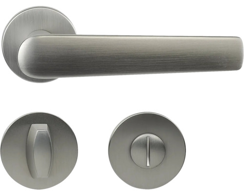 Hliníkové kování RK.K16.BOLOGNA.WC.NIMAT na kulatých rozetách s vratnou pružinou klik Sada klik s rozetami pro interiérové dveře