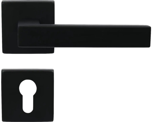 Nerezové kování RK.TP-FORM.PZ.CE na čtvercových rozetách s vratnou pružinou klik Sada kliky ke dveřím s hranatou rozetou a klíčovou dírkou