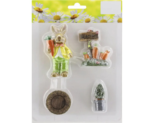 Velikonoční figurky polyresin 4 ks Sada dekorací s velikonočním zajíčkem, cedulkou, stromem a sudem