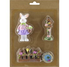 Sada dekorací se zajíčkem, ptačí budkou, plotem a jezírkem pro zahradu nebo Velikonoce