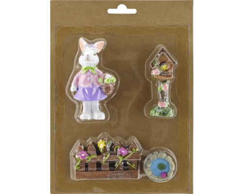 Velikonoční figurky polyresin 4 ks Sada dekorací se zajíčkem, ptačí budkou, plotem a jezírkem pro zahradu nebo Velikonoce