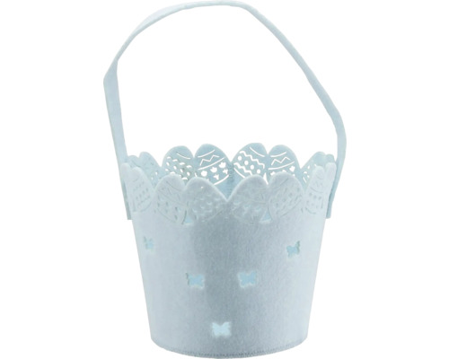 Dekorativní košík filcový Ø 16 x 14 cm světle modrý Košík z plsti s rukojetí, vzorem velikonočních vajíček a motýlů