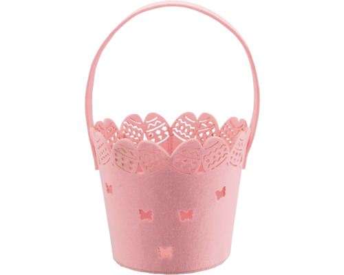 Dekorativní košík filcový Ø 16 x 14 cm růžový Velikonoční košík z plsti s držadlem a vyřezávanými motivy
