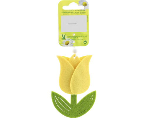 Velikonoční dekorace tulipán filcový 16 cm žlutý Dekorativní přívěsek ve tvaru tulipánu z plsti