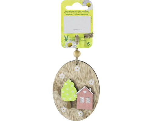 Velikonoční dekorace vajíčko závěsné dřevěné 8 cm Závěsná dekorace se stromem a domem do interiéru