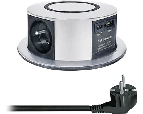 Výsuvný blok zásuvek PP120CW-PD20 3x 230 V + USB A+C stříbrný Vestavná zásuvka s USB porty a napájecí zástrčkou