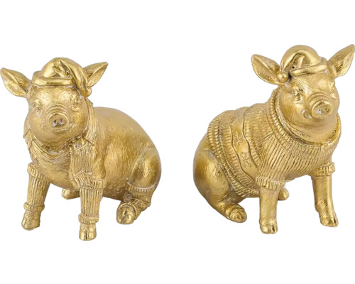 Vánoční dekorace PRASÁTKO s čepičkou poly zlatá 10,5x5,5x11 cm mix 2 druhů cena za 1 Dvě dekorativní figurky prasat s vánoční čepicí a svetrem