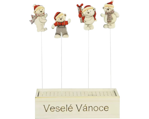 Vánoční dekorace s motivy medvědů a nápisem 'Veselé Vánoce'.