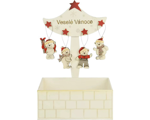 VDP Závěs MEDVĚD lesklý MDF bílá/šedá/červená 25x38x20 cm displej 72ks Vánoční dekorace s medvědí výzdobou a nápisem 'Veselé Vánoce'