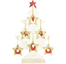 Dekorativní dřevěný vánoční stromek s hvězdnými přívěsky a vánočními motivy