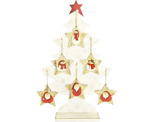Dekorativní dřevěný vánoční stromek s hvězdnými přívěsky a vánočními motivy