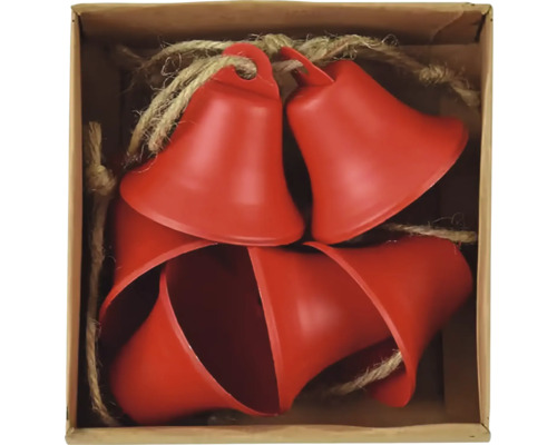 Závěsná dekorace zvonek RED, kov, červená Dekorativní červené zvonky se šňůrkou v krabici