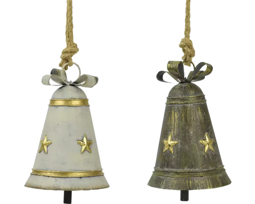 Závěsná dekorace ZVONEČEK, kov, šedo-zlatá/bílá více druhů cena za 1 ks Dva kovové zvonky k zavěšení, zdobené hvězdami