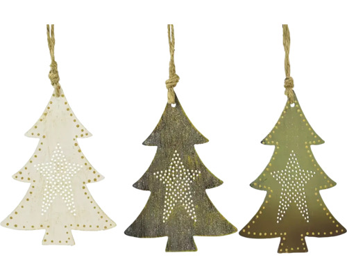 Závěsná dekorace STROMEČEK, kov, bílá/šedivá/zelená více druhů cena za 1 ks Tři ozdobné vánoční stromky k zavěšení se vzorem hvězdy