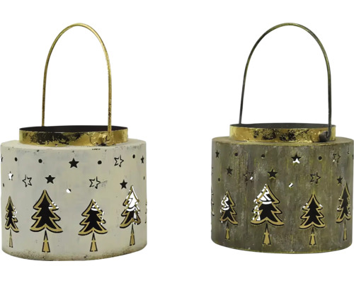 Lucerna STROMKY, kov, bílo-zlatá více druhů cena za 1 ks Dva dekorativní lucerny s výřezy hvězd a vánočních stromků.
