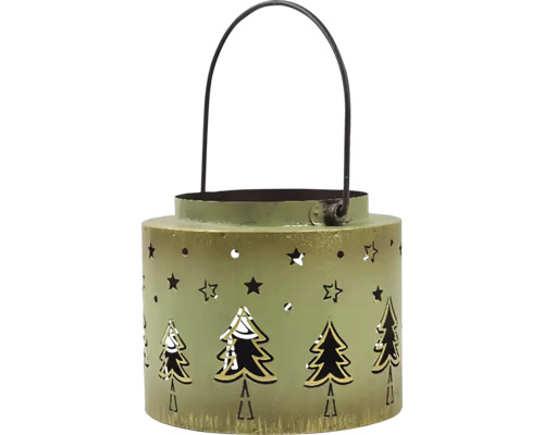 Lucerna STROMKY, kov, zeleno-zlatá Dekorativní lucerna s motivy hvězd a vánočních stromků