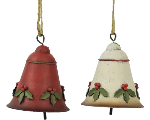 Závěsná dekorace zvoneček CESMÍNA, kov Dva ozdobné vánoční zvonky s ozdobami z cesmíny, zavěšené na provázcích