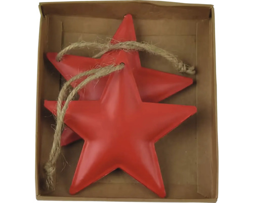 Závěsná dekorace hvězda RED, kov, červená Dvě červené kovové hvězdy s provázkem na zavěšení v krabici.