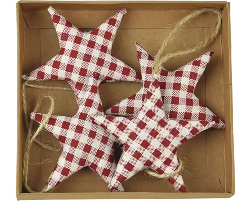 Závěsná dekorace hvězda KOSTIČKY, textil Dekorativní hvězdy s kostkovaným vzorem a šňůrkou k zavěšení v krabici.