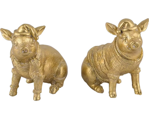 Vánoční dekorace PRASÁTKO s čepičkou poly zlatá 8x4x8 cm mix 2 druhů cena za 1 Dvě figurky prasat s vánoční čepicí a svetrem