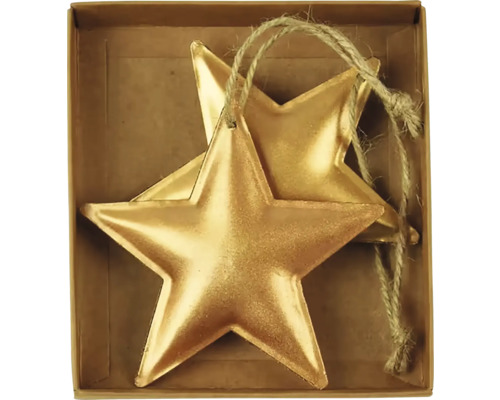 Závěsná dekorace hvězda GOLD, kov, zlatá Dvě zlaté hvězdy se šňůrkou v krabici