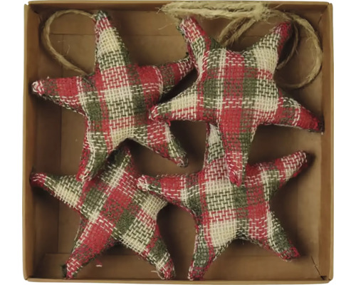 Závěsná dekorace hvězda KOSTIČKY, textil Čtyři kostkované hvězdy jako ozdoba na stromek v krabici