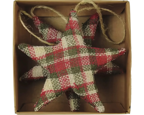 Dekorativní hvězdy s kostkovaným vzorem a závěsem v kartonovém obalu